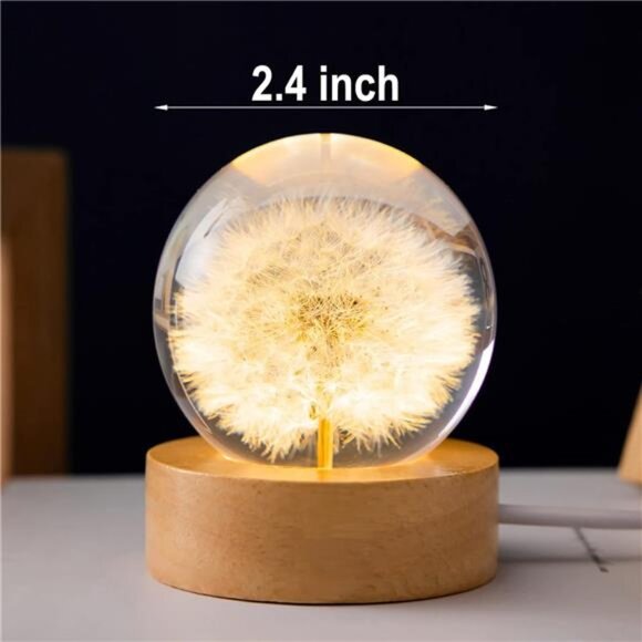 Flower Crystal Ball Night Light, 2.4 inch Glass Ball Night Lamp with Wooden Base - Picture 3 of 6